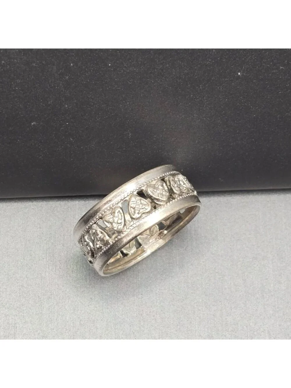 Vintage Sterling Silver Heart Band Ring Size 9 Filigree Cutout Band Signed FSDO